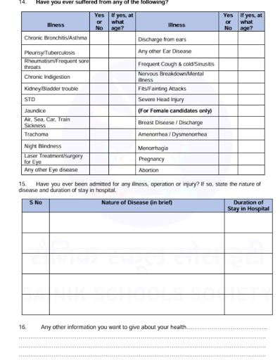 sainik school medical test form